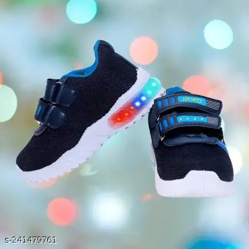 Black and blue kids' LED light up shoes with multiple bright lights