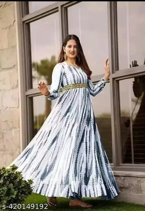 White Delta Georgette long sleeve printed gown with dupatta, elegant Western design for casual occasions, hand wash only, available in S-3XL sizes