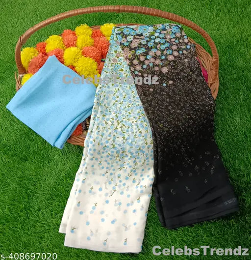 Brightly colored pure georgette printed saree and blouse piece in a traditional design