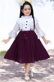 Maroon & white chiffon full-sleeve party dress for girls, adorned with decorative buttons, elastic waistband, back opener