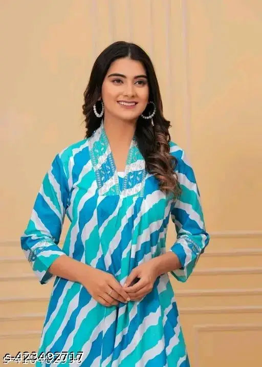 Blue Leheriya Printed Anarkali Kurta with Palazzo Set on woman, rayon fabric, three-quarter sleeves, vibrant pattern