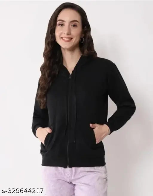 Black fleece long sleeve zip-up hoody for women/girls, 100% high-quality assured, comfortable and cozy