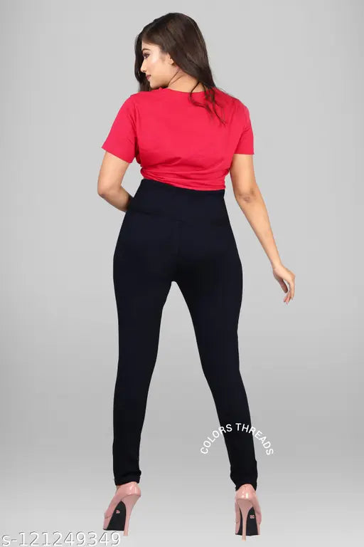 High waist black denim jegging for women - Solid, machine washable, high-waist closure, party and regular wear, best quality and stretchable material. Size 32 (Waist 32", Length 38", Hip 36"). Made in India
