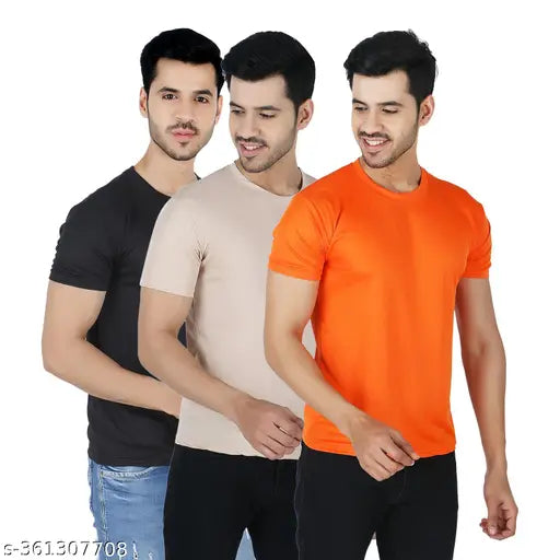 Men's solid polyester short-sleeve t-shirts, available in S, M, L, XL, and XXL sizes from India