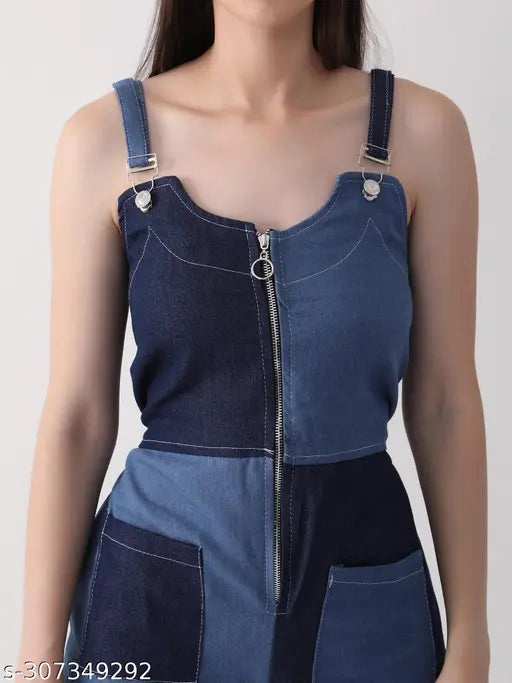 Denim sleeveless women's jumpsuit (DCW24-130), solid net design for effortless fashion, Indian origin