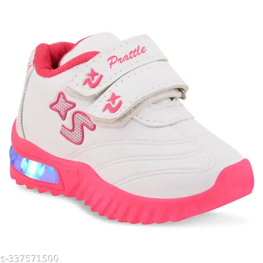 Pink and white casual led sports shoes with velcro straps, suitable for little kids, lightweight