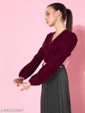 Maroon polyester puff sleeve crop top with smocked detail, solid color on mannequin