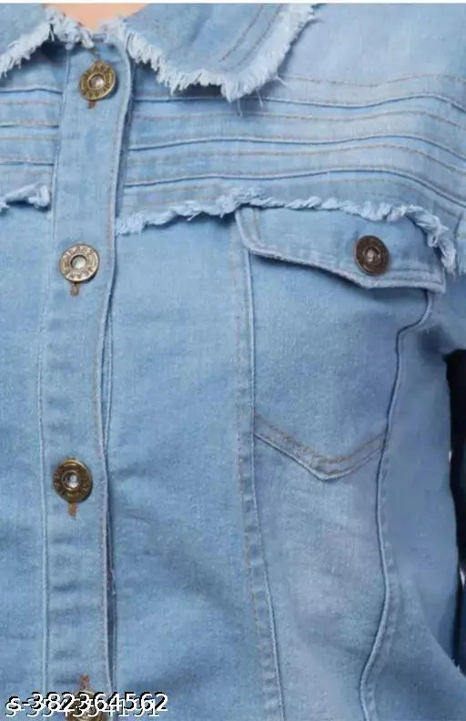 Light blue denim jacket with frayed hem and two pockets