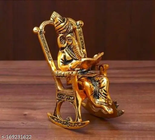 Stylish metal Ganesha sculpture, 0.5 ft each dimension, Indian handcrafted idol on chair