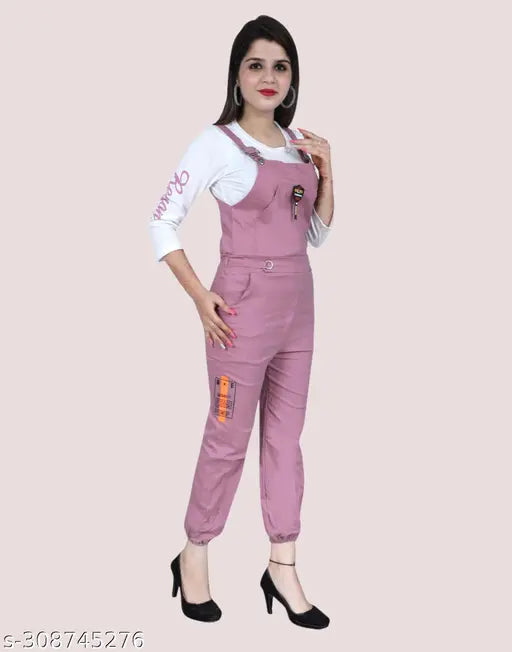 Women's cotton blend printed net dungarees with three-quarter sleeves, free inner jumpsuit. Solid color fashion for women, India origin