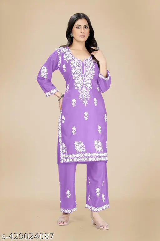 Rayon embroidered Kurta Palazzo set, three-quarter sleeves, L, Bust Size 20in, India