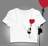 Women's red heart print white crop t-shirt, lightweight cotton blend, ideal for summer, beautiful heart design on chest