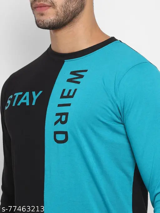 Printed cotton long sleeves BUKKL men's T-shirt, color block style, versatile cut and sew design, country of origin: India