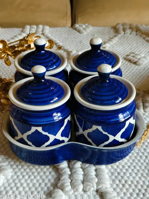 Blue ceramic jar set, airtight, 4 containers, blue lid, 4-inch height, 500 ml capacity
