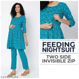 Rayon maternity feeding kurti set, printed floral design with pleats and V-neck top, pyjama bottom with pockets and elastic waistband
