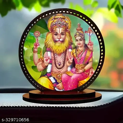 Multicolor wooden Narasimha idol for car and home decor, pre-taped for easy mounting on dashboards or walls. Made in India