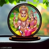 Multicolor wooden Narasimha idol for car and home decor, pre-taped for easy mounting on dashboards or walls. Made in India