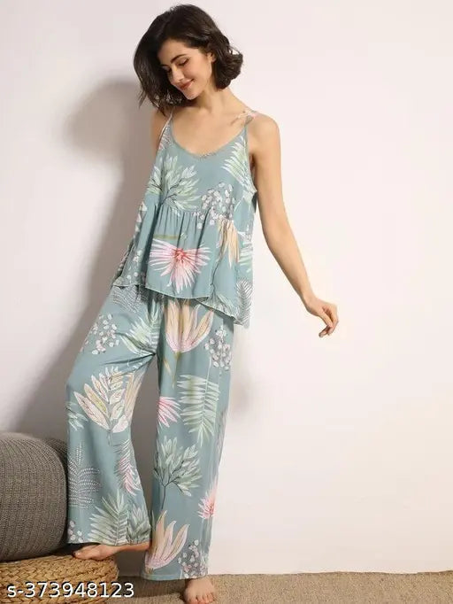 Women's viscose rayon leaves print sling wide leg pajama set with 3 pieces - cozy home loungewear