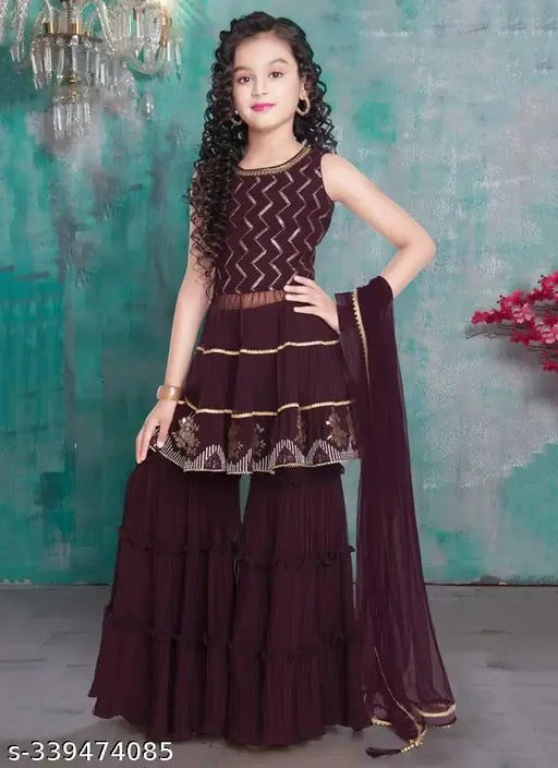 Brown georgette anarkali top and sharara set with dupatta, embroidered and sleeveless - Indian party wear for 8-9 year old girls
