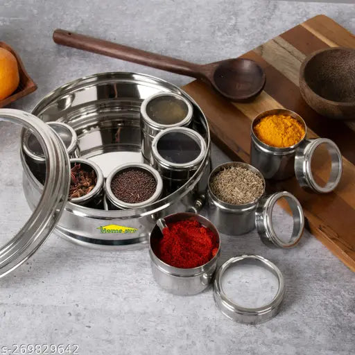 Multi-tiered stainless steel spice dabba set with 8 small air-tight containers, ideal for kitchen use, 22.5 cm diameter, 1 pack