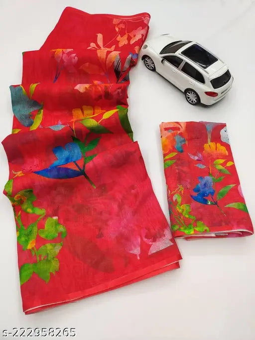 Pure linen cotton digital saree, printed net with running blouse, free size, Indian origin