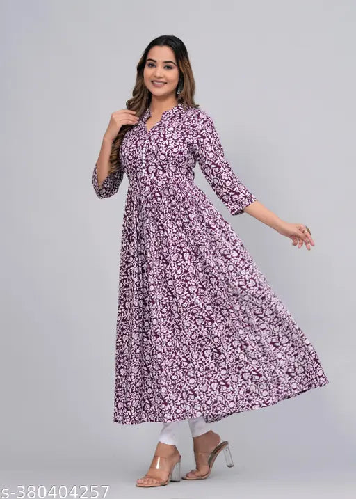 Rayon Sanganeri Print Anarkali Kurti with three-quarter sleeves, single size options available for S to 4XL, traditional Indian women's fashion from India