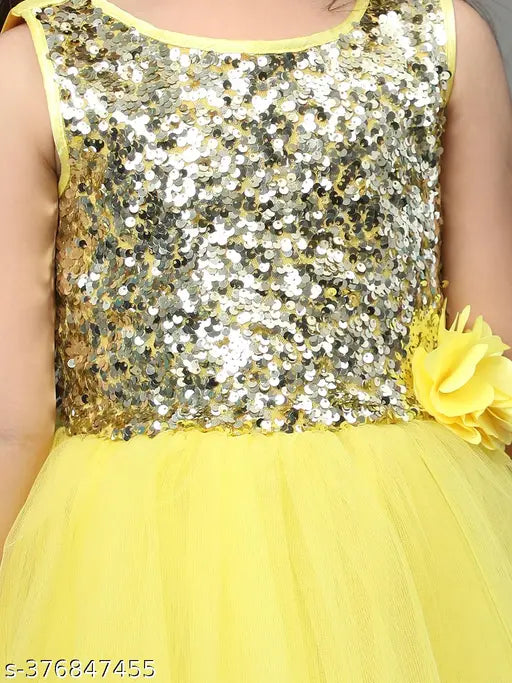 Yellow embellished net dress for kids party wear, ages 1-12, India origin
