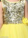 Yellow embellished net dress for kids party wear, ages 1-12, India origin