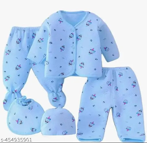 Blue 5pc winter suit for newborn to 3 months, 100% cotton/fleece/falalen. Printed design, open button shirt, nickel-free snaps. Hand wash only
