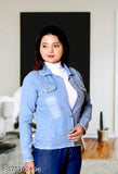 Modern denim women's jeans jacket, solid-colored long sleeves. Quality fabric, comfortable fit, great for girls, made in India