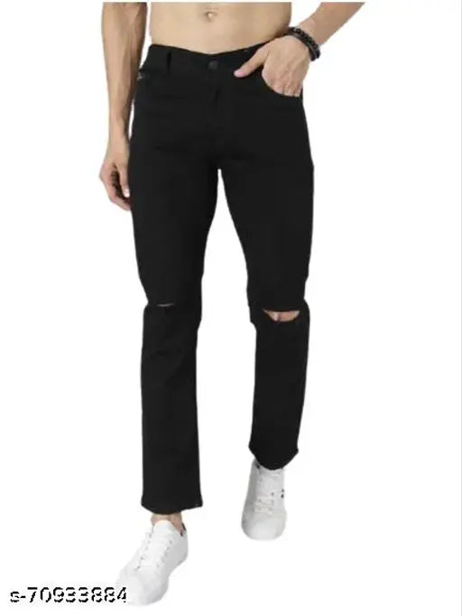 Men's black knee-cut denim jeans by VYESH, premium quality and stylish