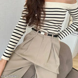 Beige reverse pleated trousers for office and casual wear, without belt