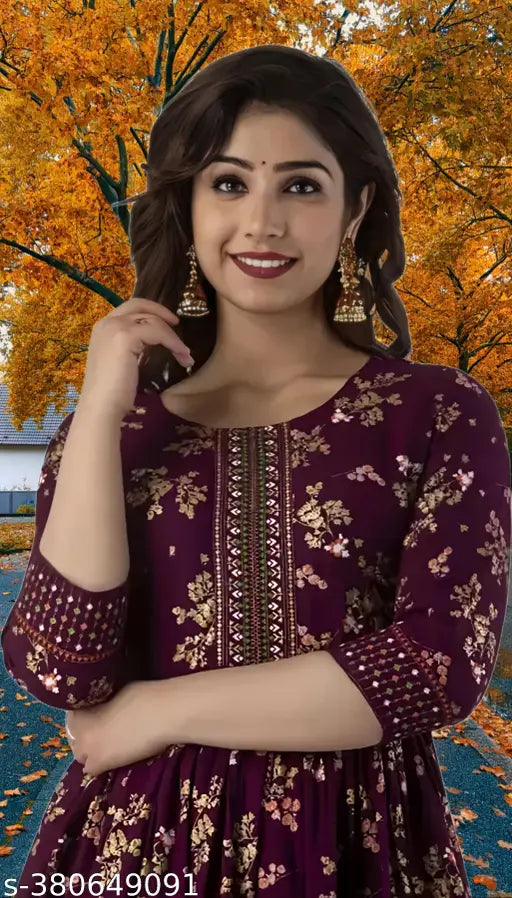 Rayon printed long sleeve women's Anarkali kurti, with embroidered border