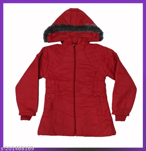 Cute, red winter coat with fur hood and zip closure
