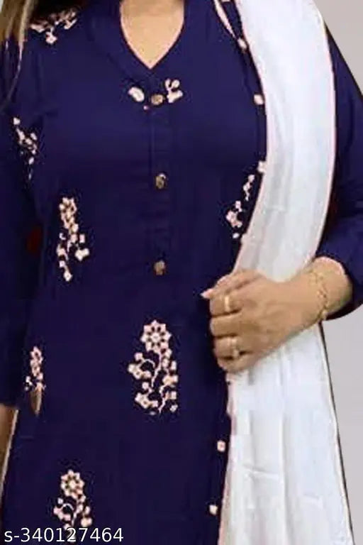 Printed rayon kurti palazzo set for women, three-quarter sleeves and matching dupatta, single piece available in S, M, L, XL, XXL, XXXL sizes