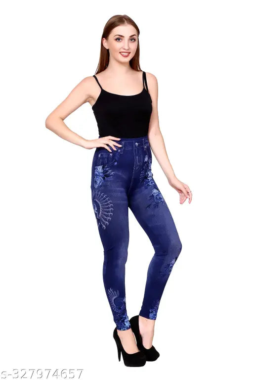 Blue printed denim look jegging for women and girls, stretchable cotton poly blend fabric, fitted from toes to waist, 4-way stretch, no pockets or embroidery, printed design, size range: 28, 30, 32, Free Size, M, L, XL. Made in India