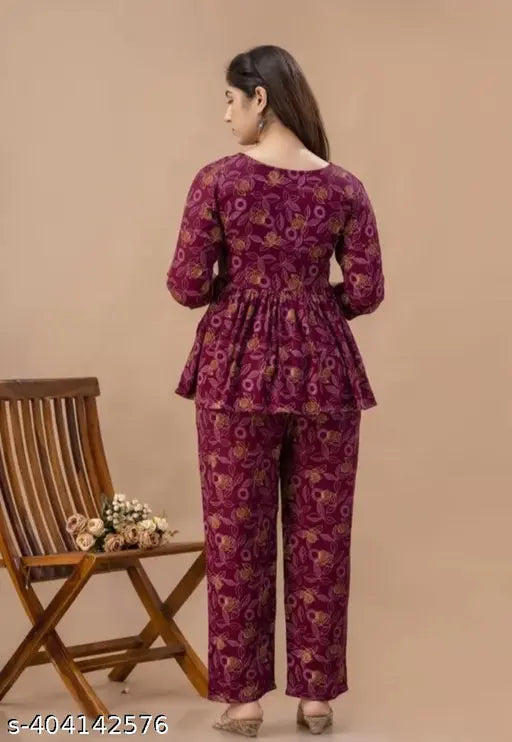 Wine premium rayon printed co-ord set for women: Viscose rayon, trendy pocket, Indian origin