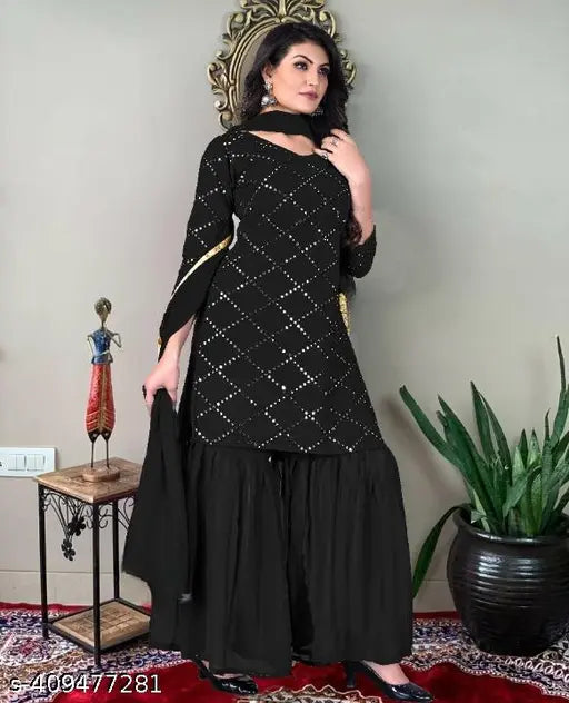 Black georgette sharara set with intricate embroidery