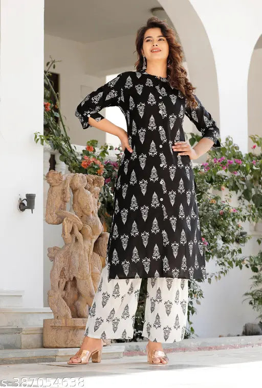 Rayon printed kurti & palazzo set, 3/4 sleeves, Indian traditional wear for women