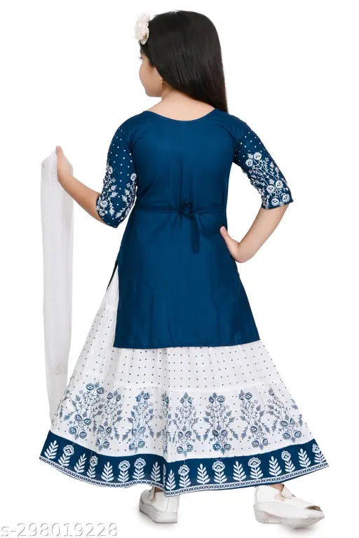 Rayon embroidered A-line skirt set with dupatta for girls, Indian fashion for kids aged 2-12