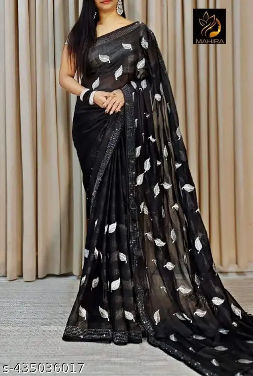 Black chiffon Pichu saree with embroidered semi-stitched blouse, free size (length: 5.5m, blouse length: 0.8m), made in India