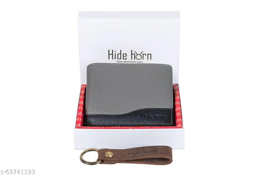 Solid leather bi-fold men's wallet with RFID protection, ideal for daily use. Features 4 card slots, ID window, cash compartments, and hidden pockets. Branded product from Hide Horn, made in India