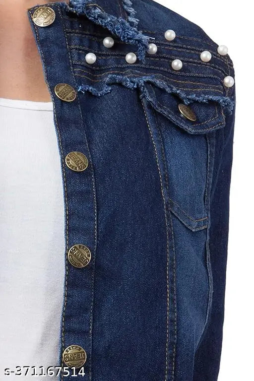 Stylish girls blue denim jacket with ruffles and pearl buttons