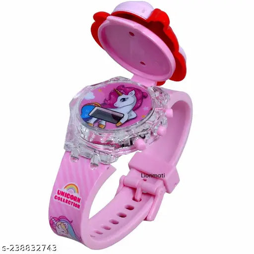 A multicolored digital watch with a glowing face, featuring a character from the "Unicorn" series, designed for kids, paired with matching earbuds and music player