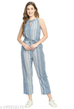 Sky Blue & White Multicolor Striped Women's Crepe Jumpsuit, elegant and trendy party wear with ruffled sleeves, belted waist, and chic neckline