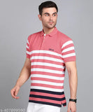 3BROS Striped Polo Neck Short Sleeves Cotton Blend Pink Stylish Fashionable & Comfortable Trendy Graphic Mens T-shirts