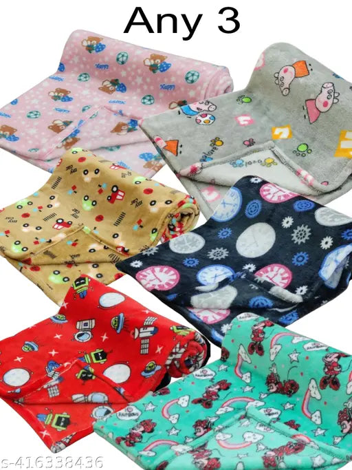 Fleece AC baby blankets, pack of 3 with cartoon prints for newborns in an AC room, ideal size 40cm x 30cm x 0.5cm, made in India