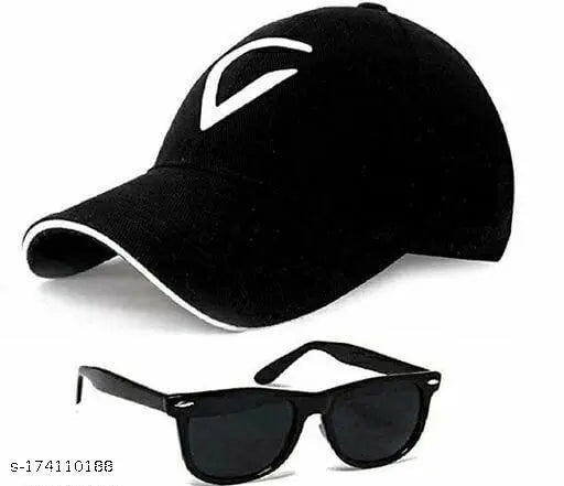 Modern combo pack of 2, Virat cap and black sunglasses for unisex styling - India origin, cotton base cap and sunglasses on display