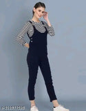 Navy blue cotton blend dungaree jumpsuit set for women and girls, three-quarter sleeve striped top and pant separate, trendy latest partywear fashion in India