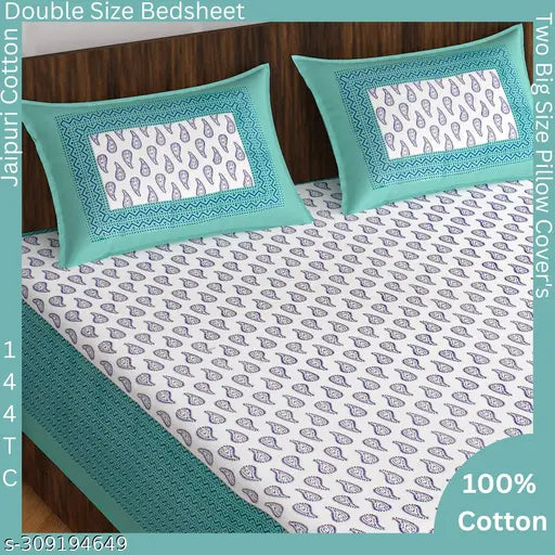 180TC Cotton Double Bed Sheet with 2 Pillow Covers, Blue Pattern